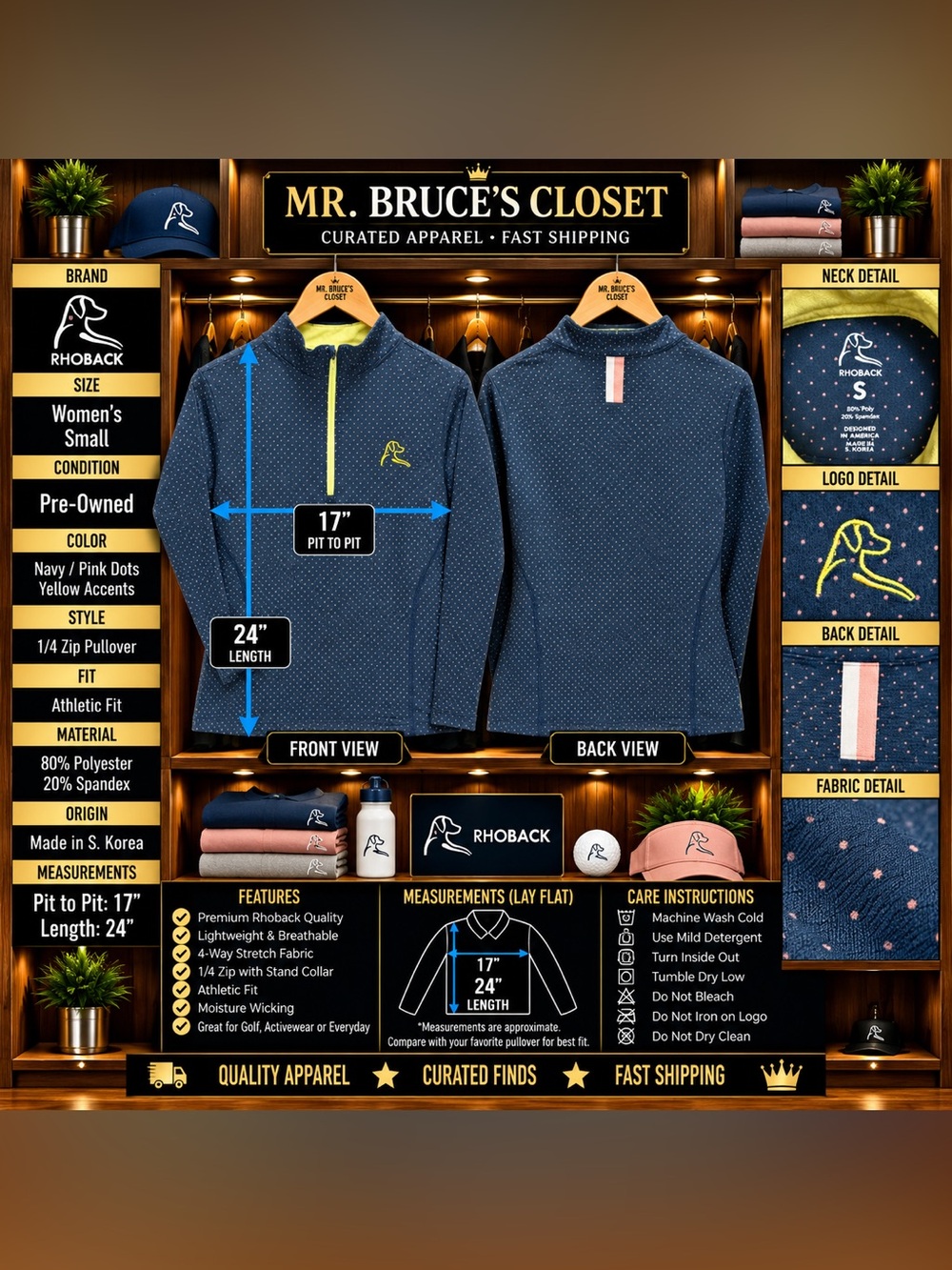Rhoback Navy Quarter-Zip Pullover with Pink Dot Print and Yellow Zip